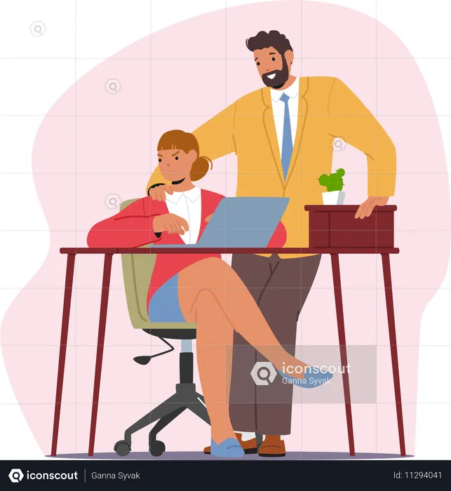 Boss chief putting his hand on female shoulder sexually harassing woman secretary at workplace  Illustration