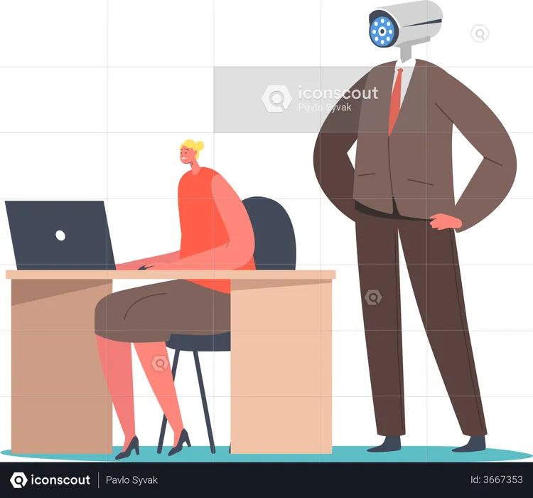 Boss controlling employees through video call chat  Illustration