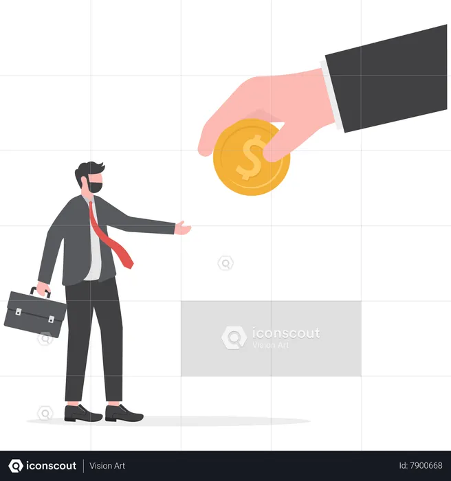 Boss holding coin in hand gives worker  Illustration