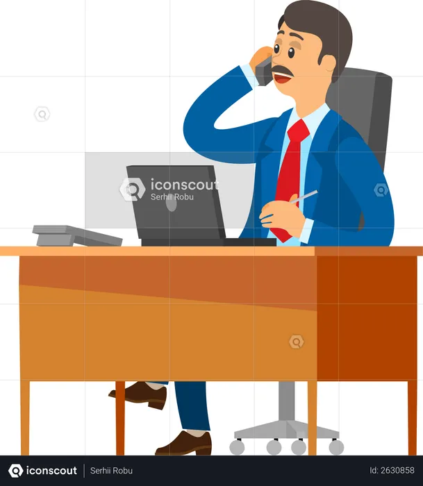 Boss in Office, Specialist Talking on Mobile Phone  Illustration