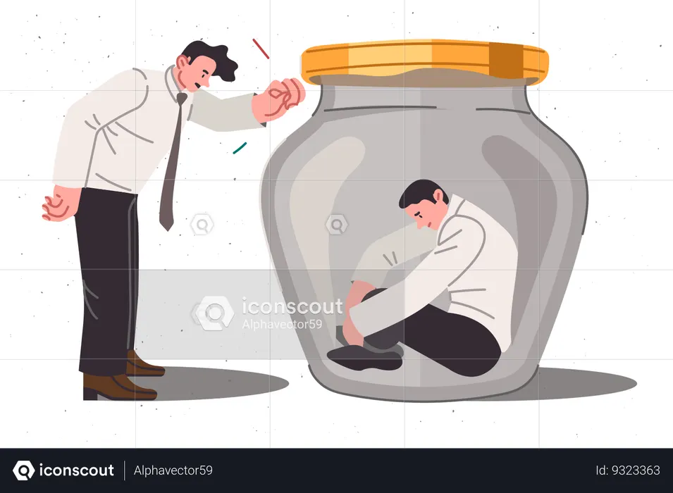 Boss is trying help and support upset man sitting in jar due to alienation from colleagues  Illustration