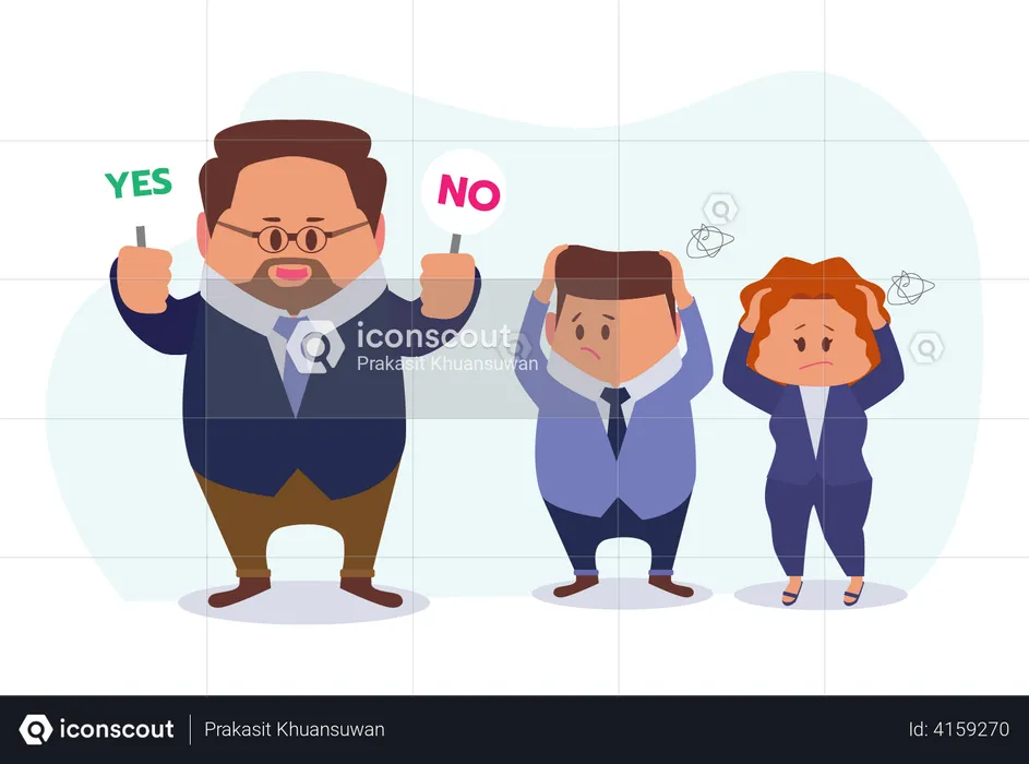 Boss raised a right or wrong sign for the staff to choose, Young man and woman feeling stressed  Illustration