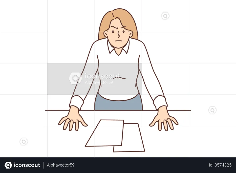 Bossy business woman with displeased look stands near office desk  Illustration