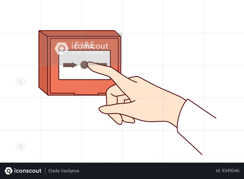 Botón de alarma de incendio en la pared y mano de la persona que quiere notificar a todos sobre la situación de emergencia  Ilustración