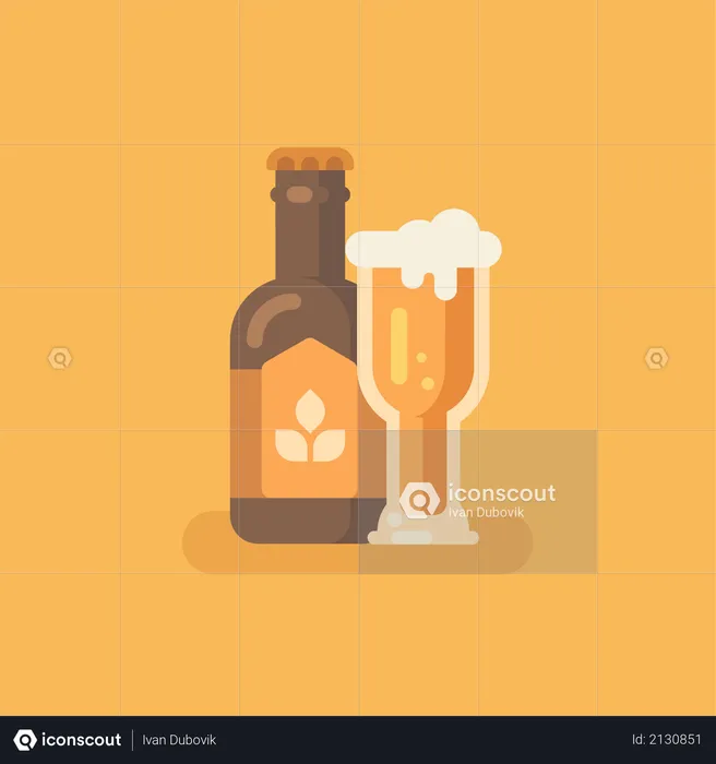 Bouteille de bière et verre de bière sur fond orange  Illustration