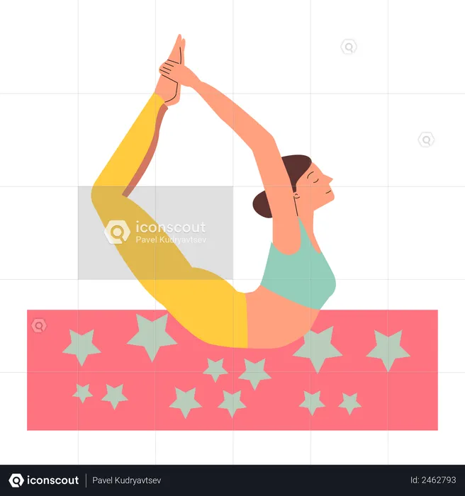Bow yoga pose - flexible woman stretching on the floor with eyes closed  Illustration
