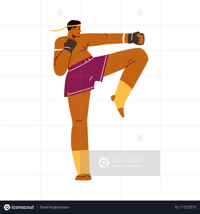 Un boxeur portant des gants de sport s'entraîne à frapper au genou et au bras  Illustration