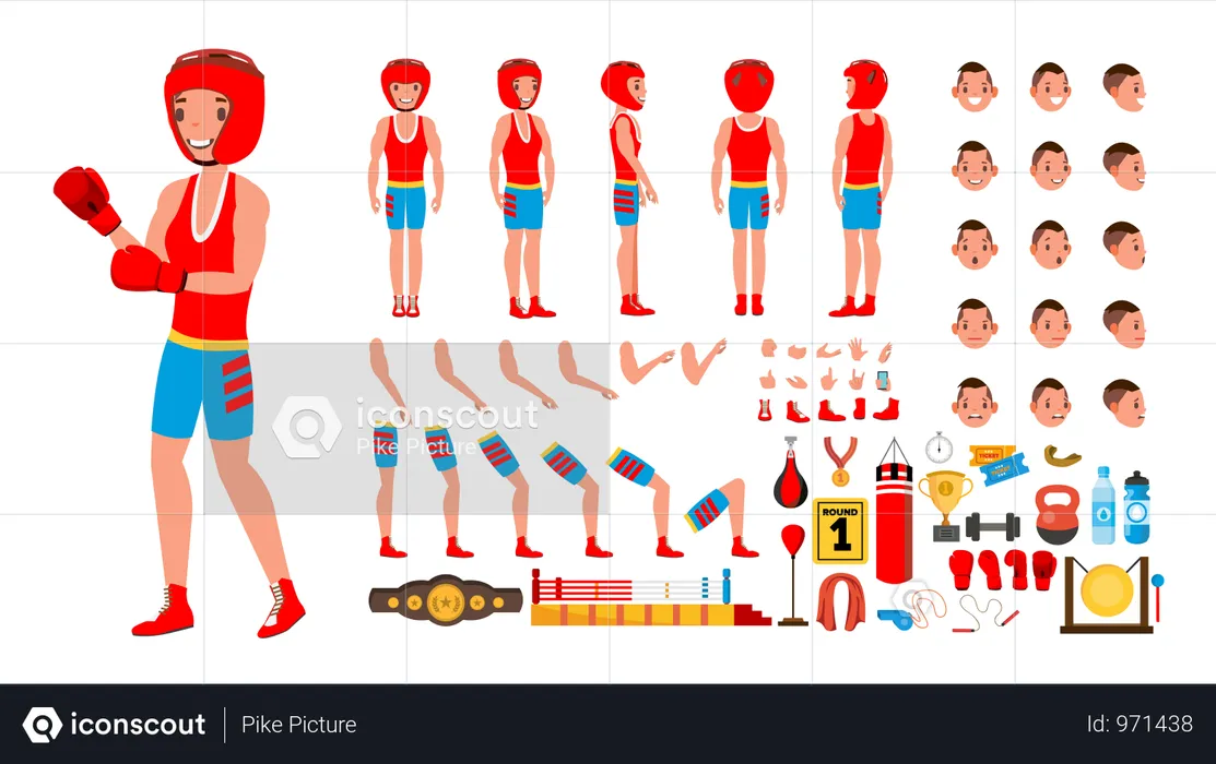 Boxing Player Vector. Animated Character Creation Set. Fighting Sportsman Male. Full Length, Front, Side, Back View, Accessories, Poses, Face Emotions, Gestures. Isolated Flat Cartoon Illustration  Illustration