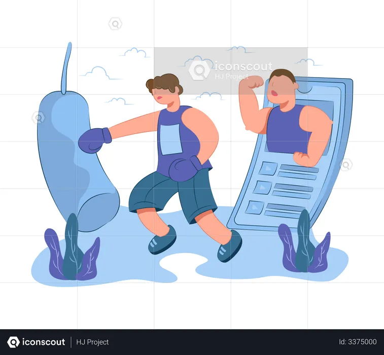 Boxing trainer giving instruction to boy  Illustration