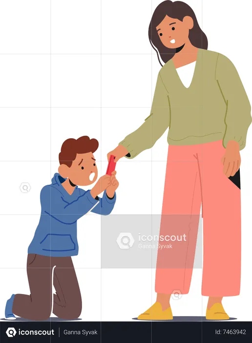 Boy addicted to smartphone pleading phone from mother  Illustration
