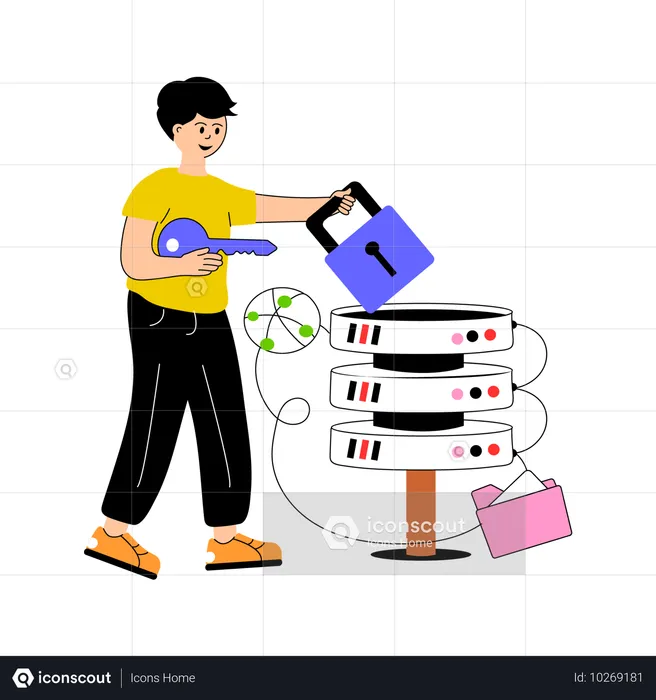 Boy adding password for protection of cloud server  Illustration