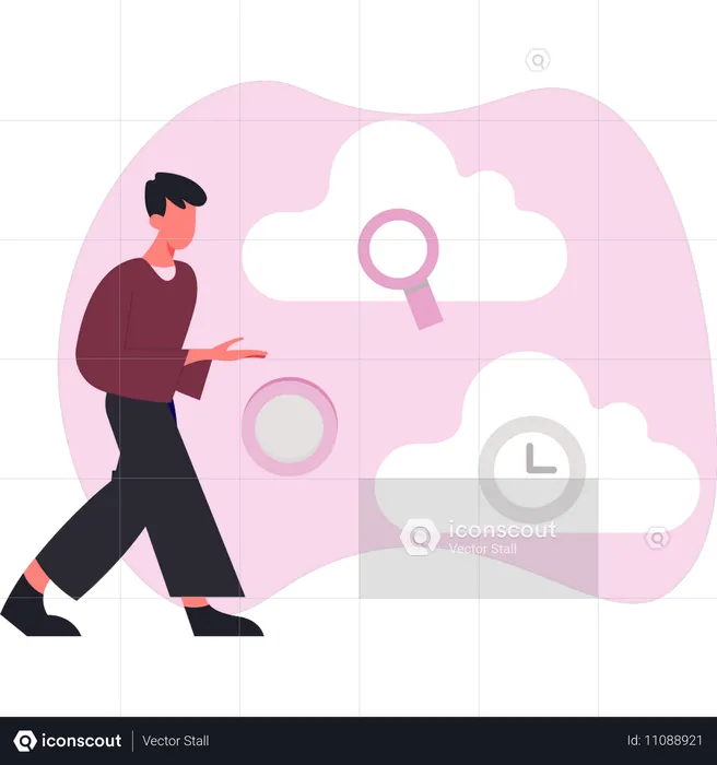 Boy analyzing cloud time  Illustration