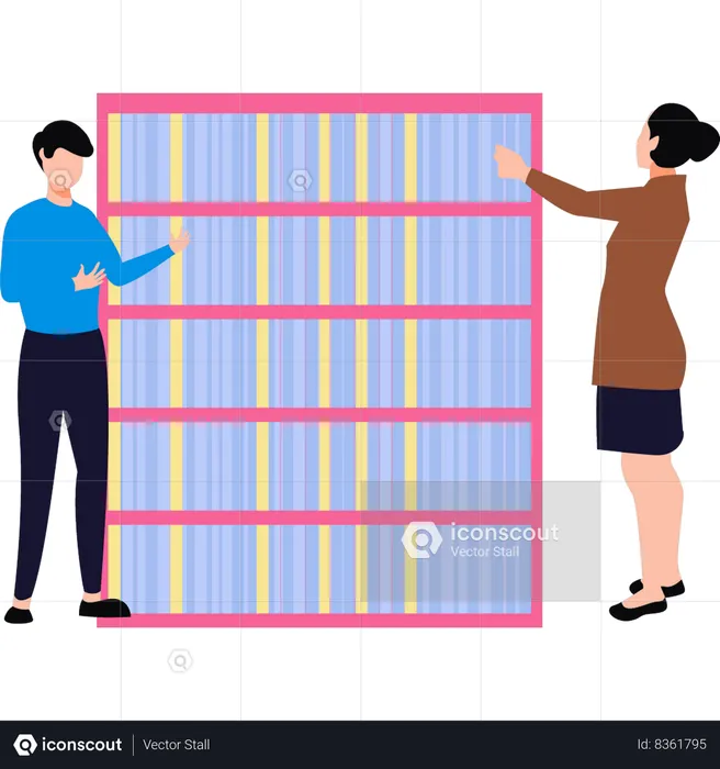 Boy and a girl are standing in library  Illustration