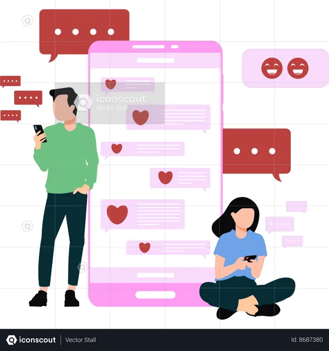 Boy and a girl are using dating app  Illustration