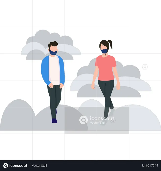 Boy and a girl are walking wearing masks  Illustration