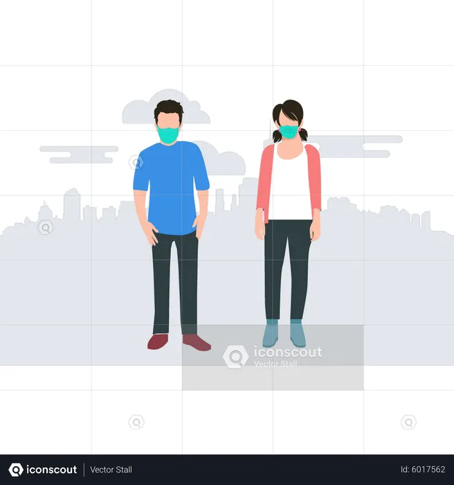 Boy and a girl are wearing masks to protect themselves from air pollution  Illustration