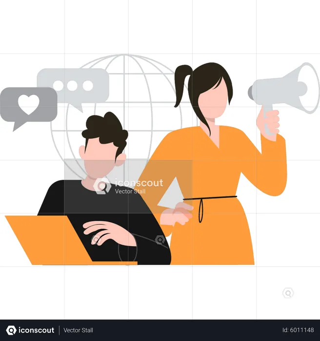 Boy and girl advertising on laptop  Illustration