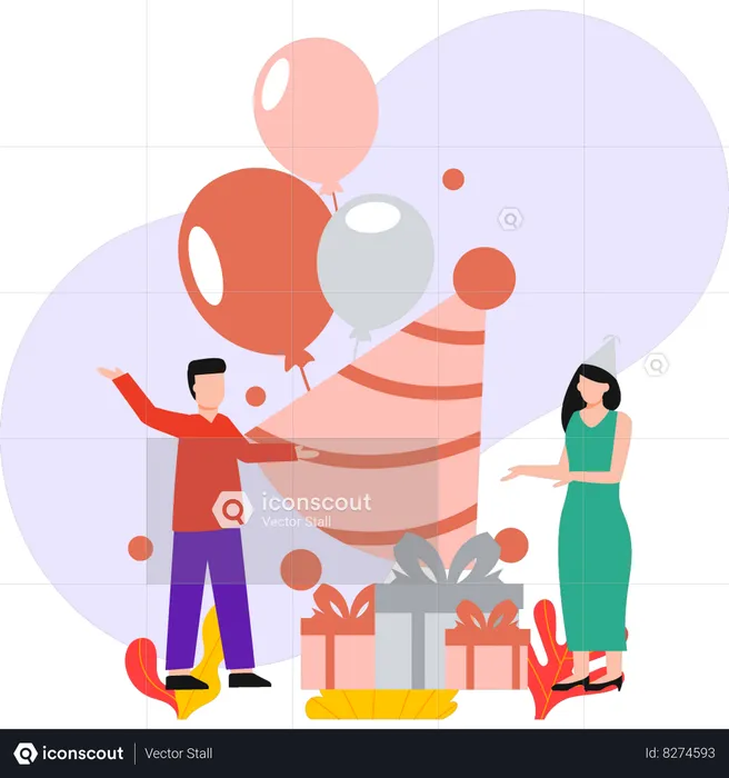 Boy and girl are enjoying birthday party  Illustration