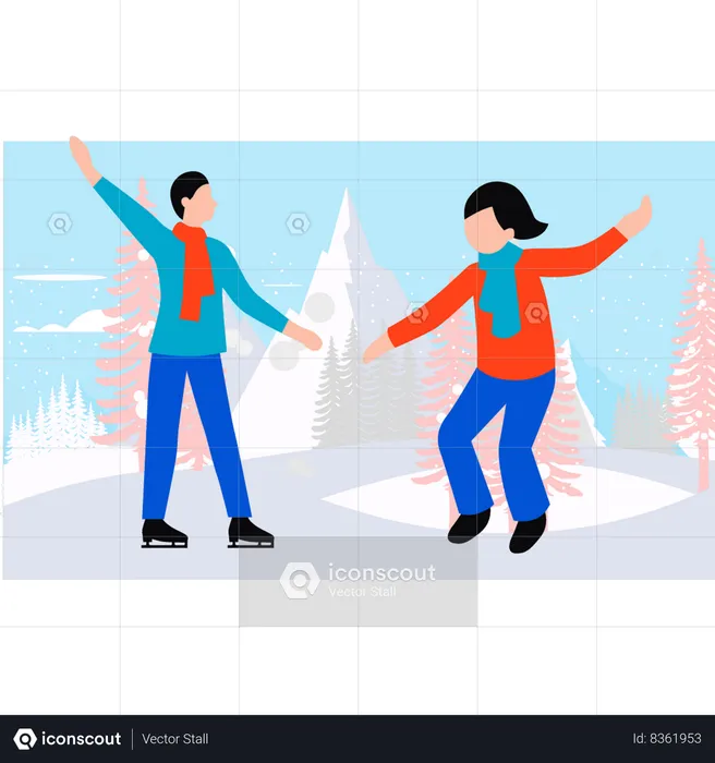 Boy and girl are ice skating  Illustration