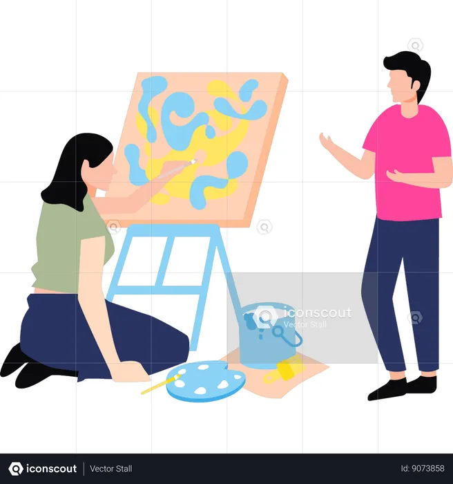 Boy and girl are painting on a painting board  Illustration