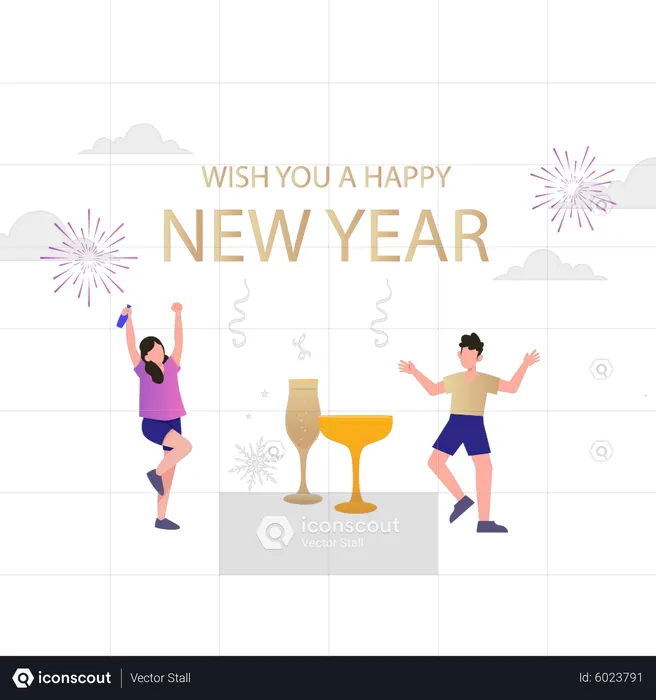 Boy and girl are partying on new year  Illustration