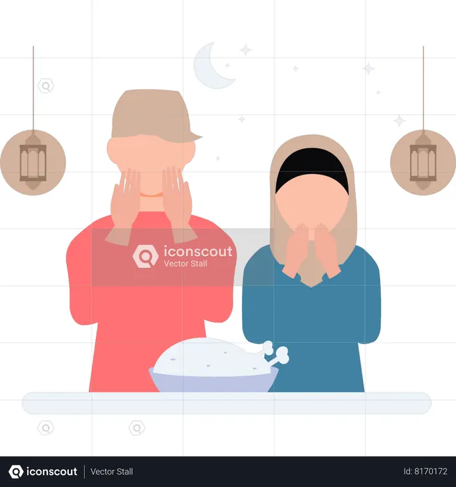 Boy and girl are praying before eating  Illustration