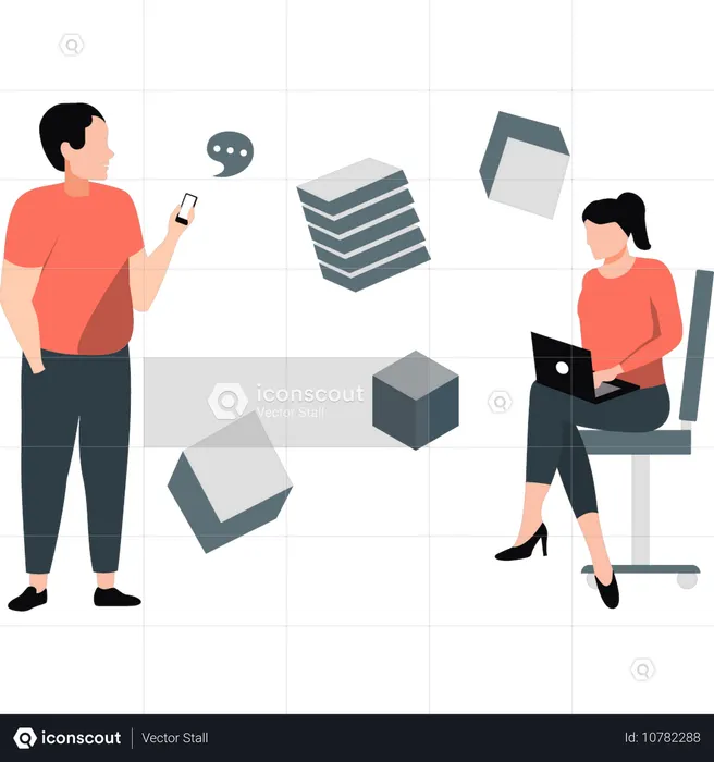 Boy and girl are talking about boxes  Illustration