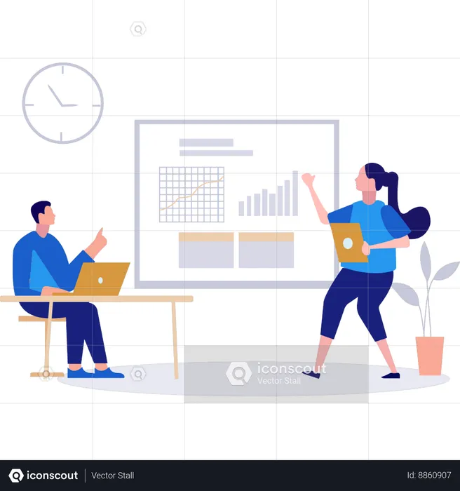 Boy and girl are talking about business graph  Illustration