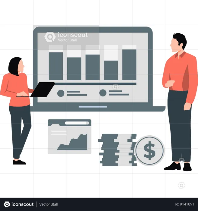 Boy and girl are talking about business graph  Illustration