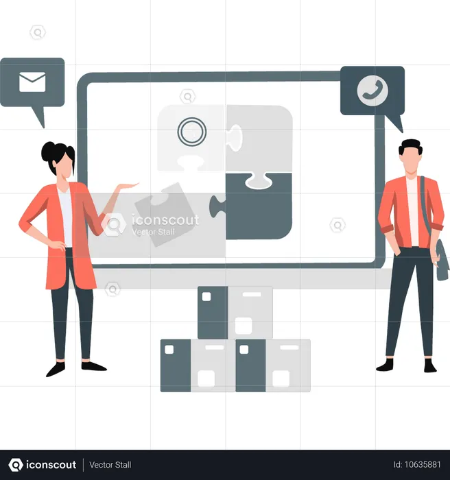 Boy and girl are talking to solve a management product problem  Illustration