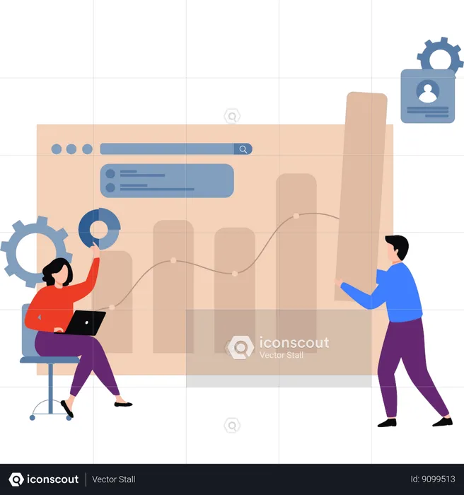 Boy and girl are working on a bar graph of business  Illustration
