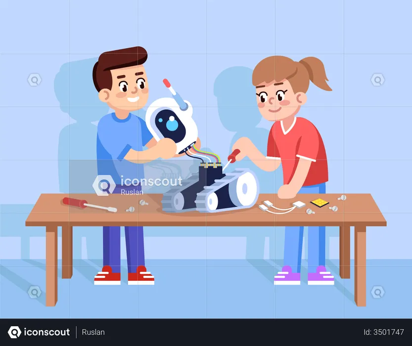 Boy and girl assemble robot  Illustration