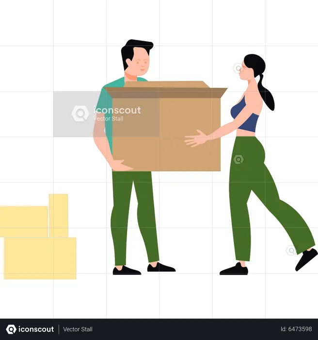 Boy and girl carrying box of goods  Illustration
