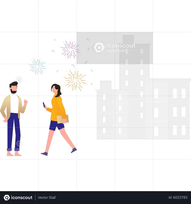 Boy and girl celebrating new year with crackers  Illustration