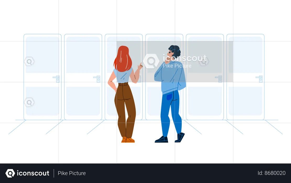 Boy And Girl Choosing Door  Illustration