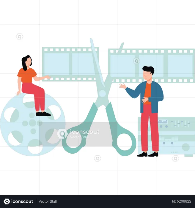 Boy and girl cutting film reel  Illustration