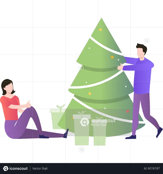 Boy and girl decorating for Christmas  Illustration