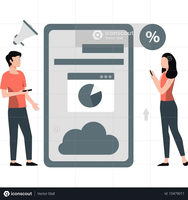 Boy and girl discussing about cloud data analysis  Illustration