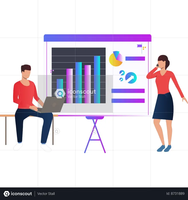 Boy and girl discussing finance graph on presentation board  Illustration