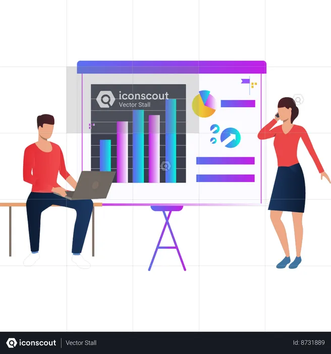 Boy and girl discussing finance graph on presentation board  Illustration