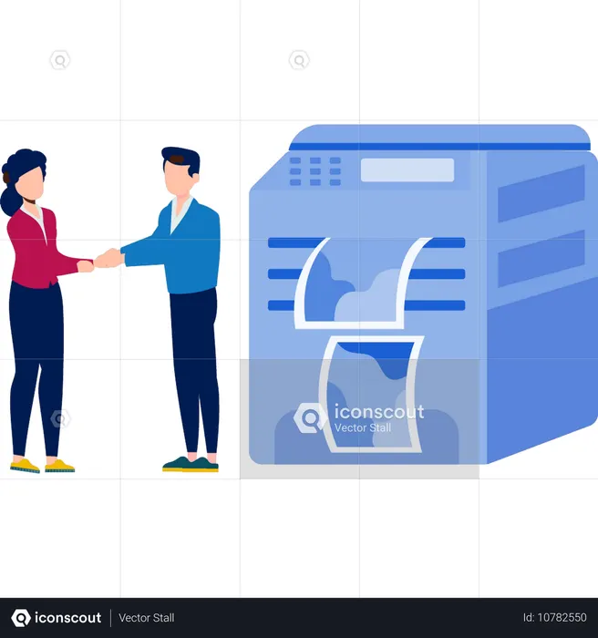 Boy and girl  doing hand shake near printing machine  Illustration