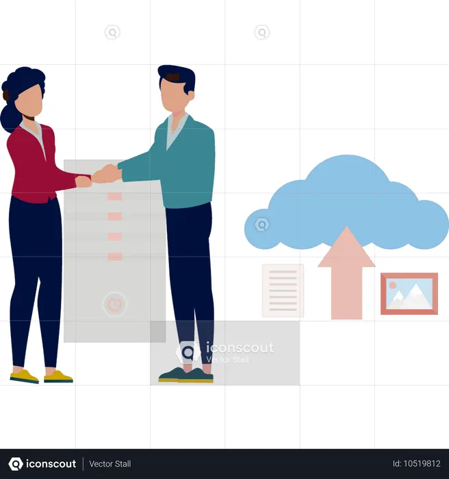 Boy and girl doing hand shake while data transfer in cloud  Illustration