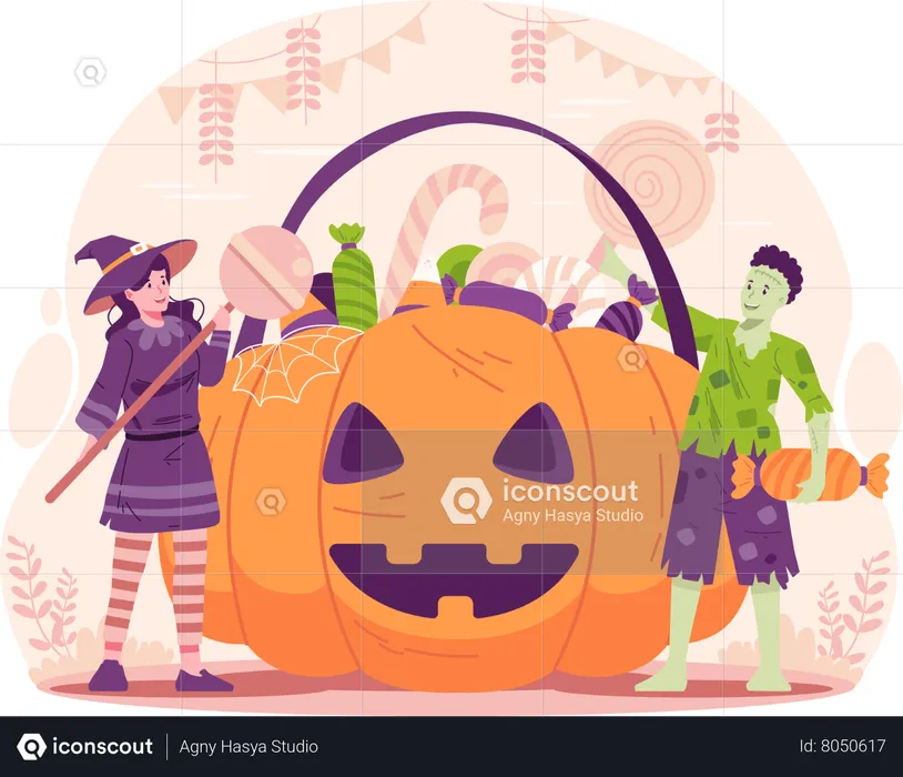 Boy and Girl Dressed in Halloween Costumes With Huge Halloween Pumpkin Basket Full of Candies and Sweets  Illustration
