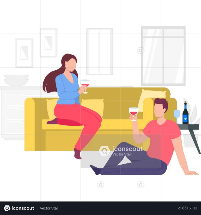 Boy and girl drinking wine on couch  Illustration