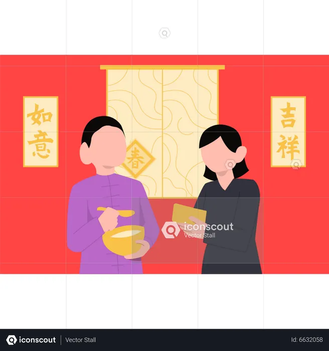 Boy and girl eating food on chinese new year  Illustration