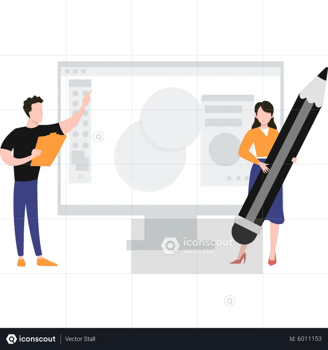 Boy and girl editing social media post  Illustration