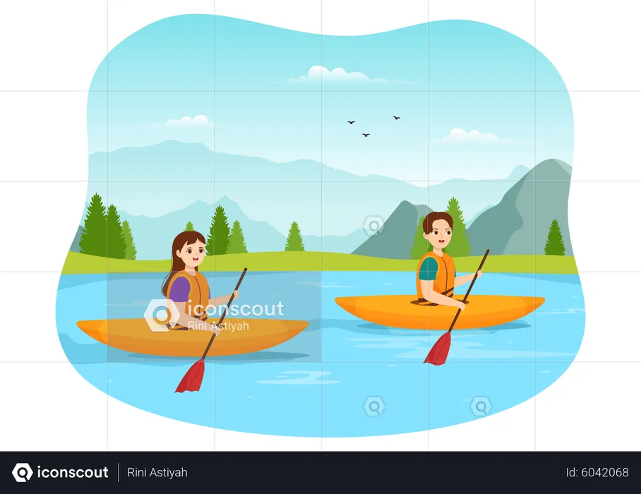 Boy and girl enjoying Rowing Sport  Illustration