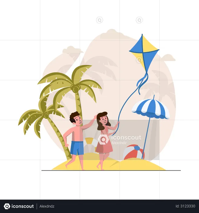 Boy and girl flying kite at beach  Illustration