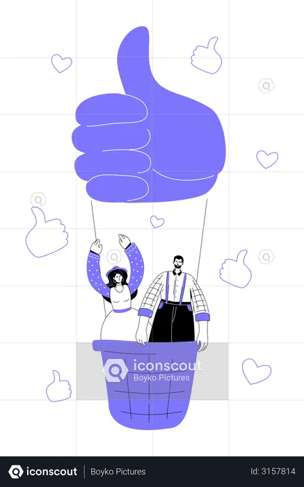 Boy and girl flying up on a hot air balloon, thumbs up and likes, hearts  Illustration