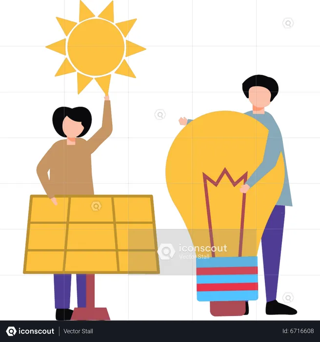 Boy and girl getting light from solar panel  Illustration